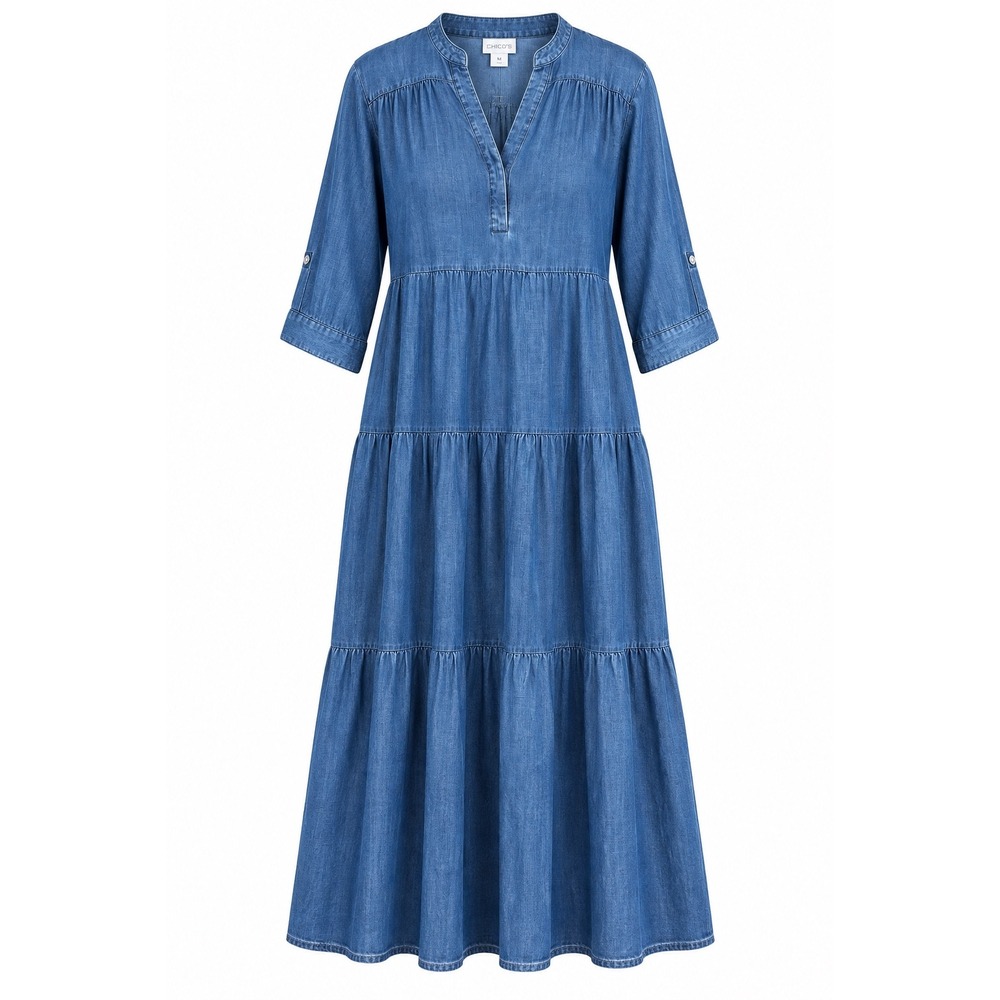 Chicos Womens Dress 18 3.5 Lyocell Blue Tiered Maxi Denim Look Boho Breezy